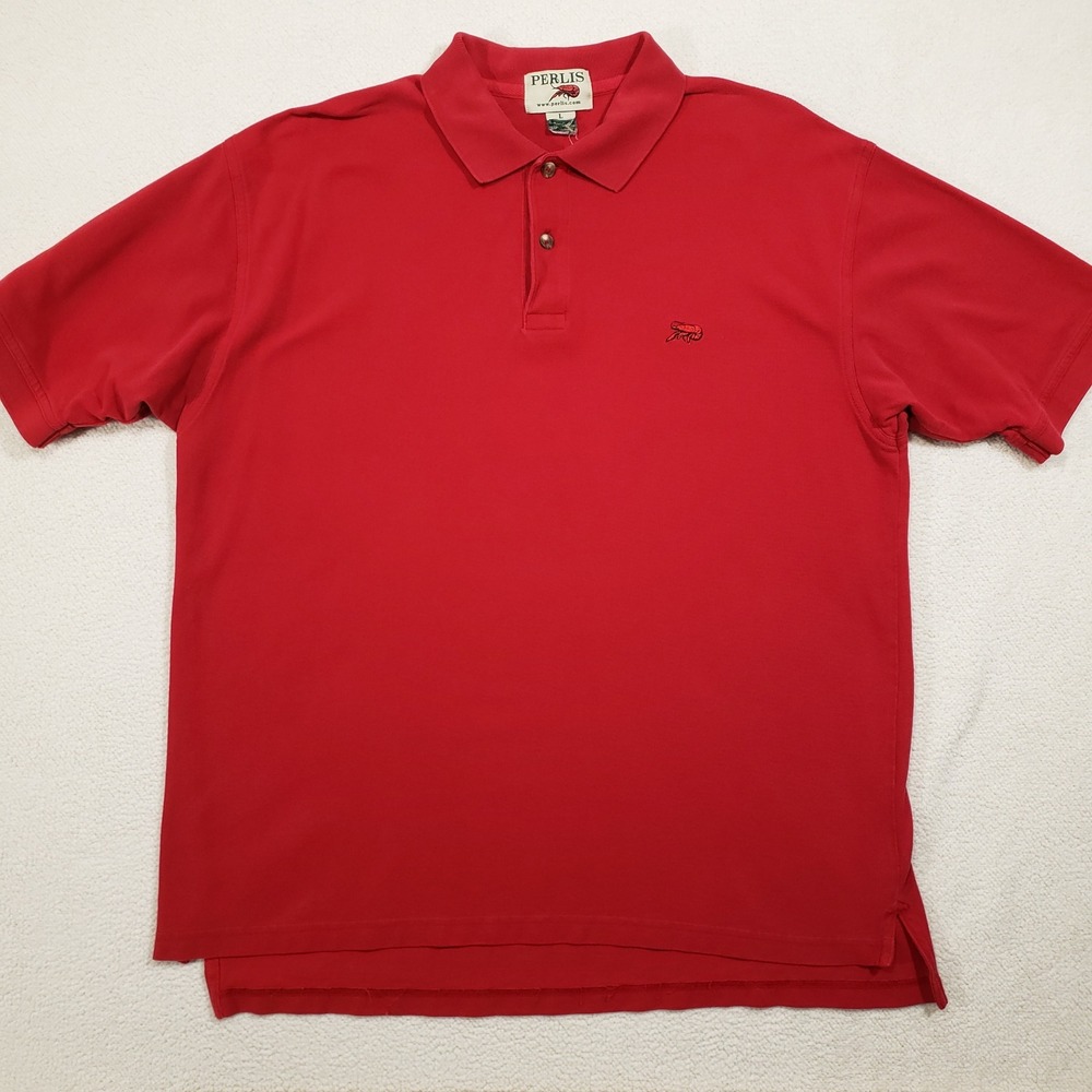 Perlis Polo Shirt Mens Large Red Crawfish Logo Short Sleeve Cotton Pique Classic